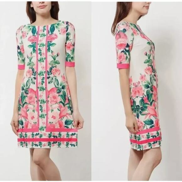 Eliza J NWT Border Rose Print Sheath Dress Ballet Neck Elbow-Sleeve Women's Sz 6 - Picture 1 of 5